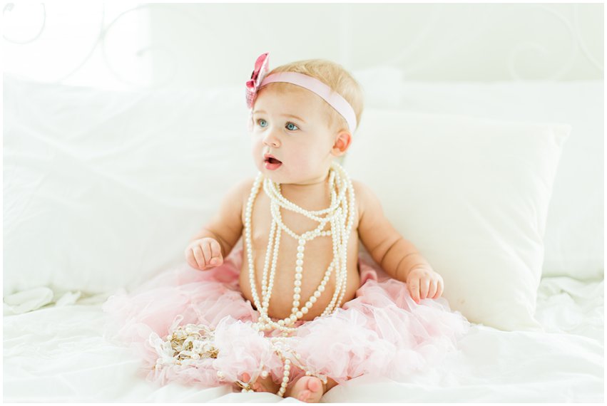 Northern Virginia Baby Photographer Lifestyle Portraits Girl Pearls Pink Tutu Tulle Bow