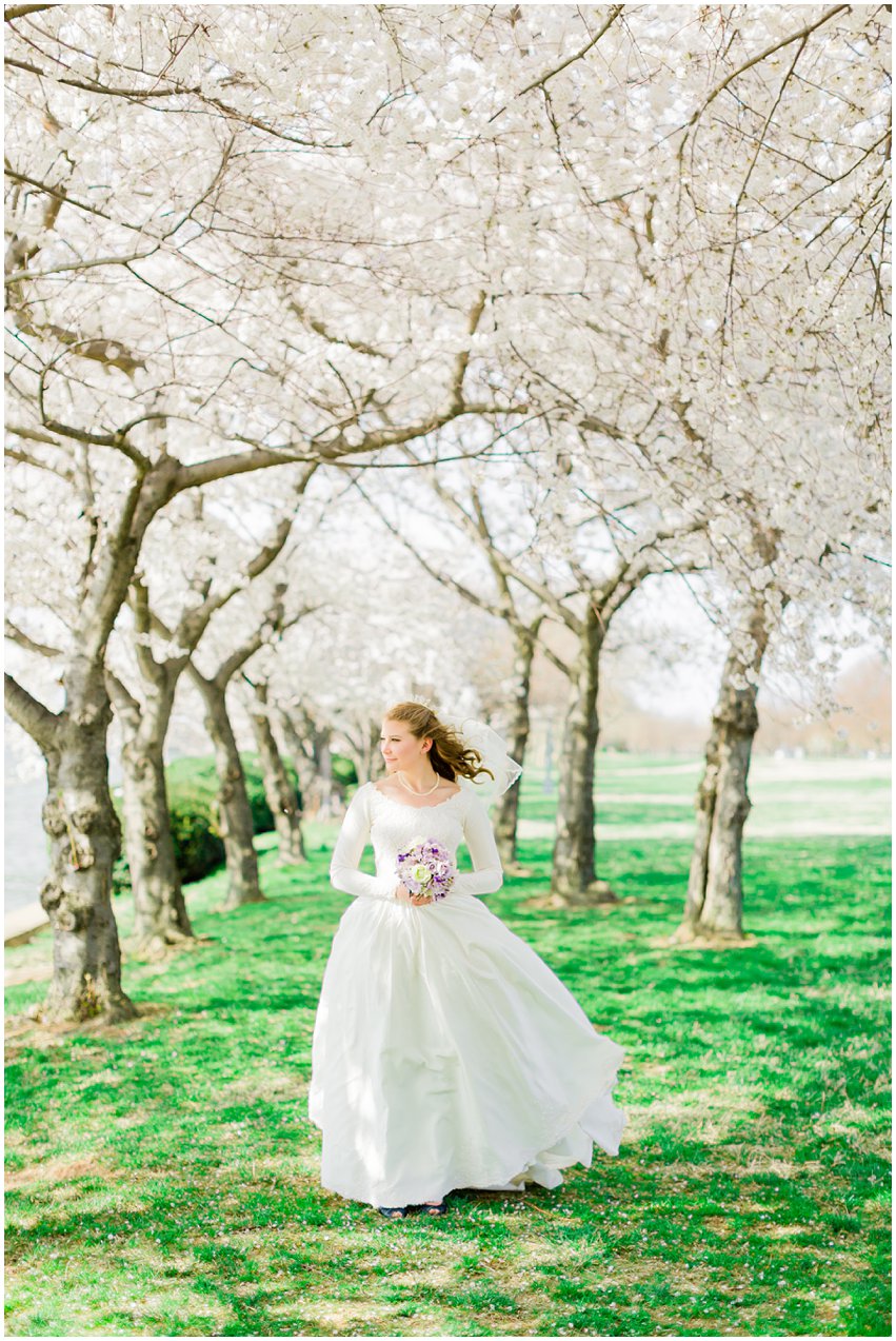 Cherry Blossom Bridal Portraits Bride Vintage Wedding Gown Dress Spring Military Base DC Tidal Basin Purple and Ivory Bouquet