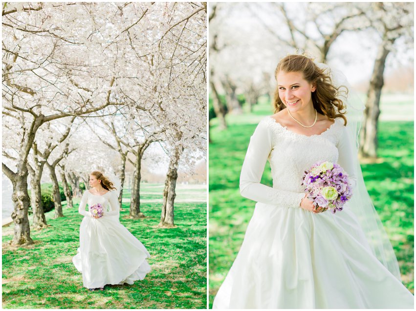 Cherry Blossom Bridal Portraits Bride Vintage Wedding Gown Dress Spring Military Base DC Tidal Basin Purple and Ivory Bouquet